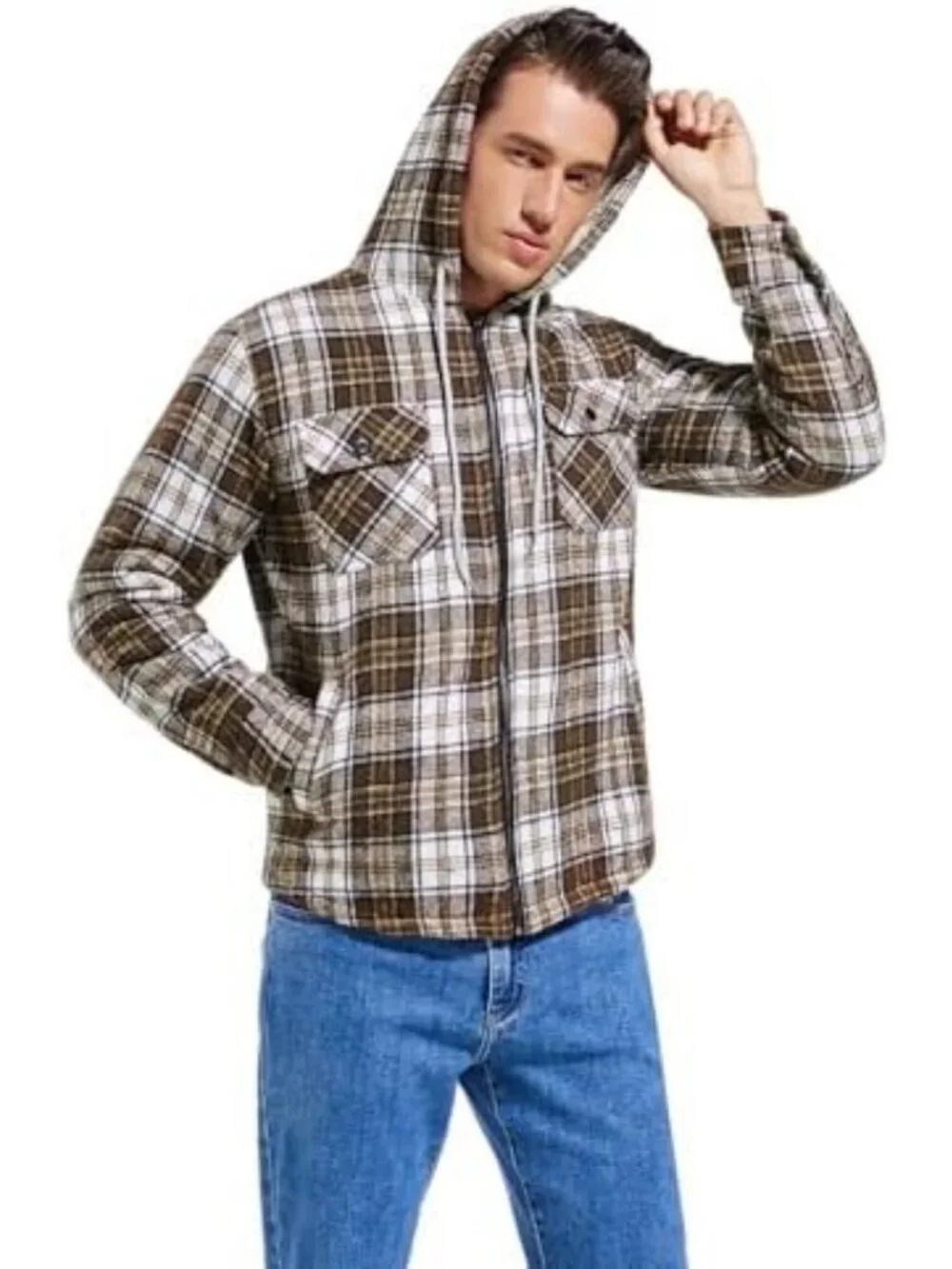 Cozy Men's Fleece Lined Zip Up Flannel Jacket with Hood - Perfect for Fall!